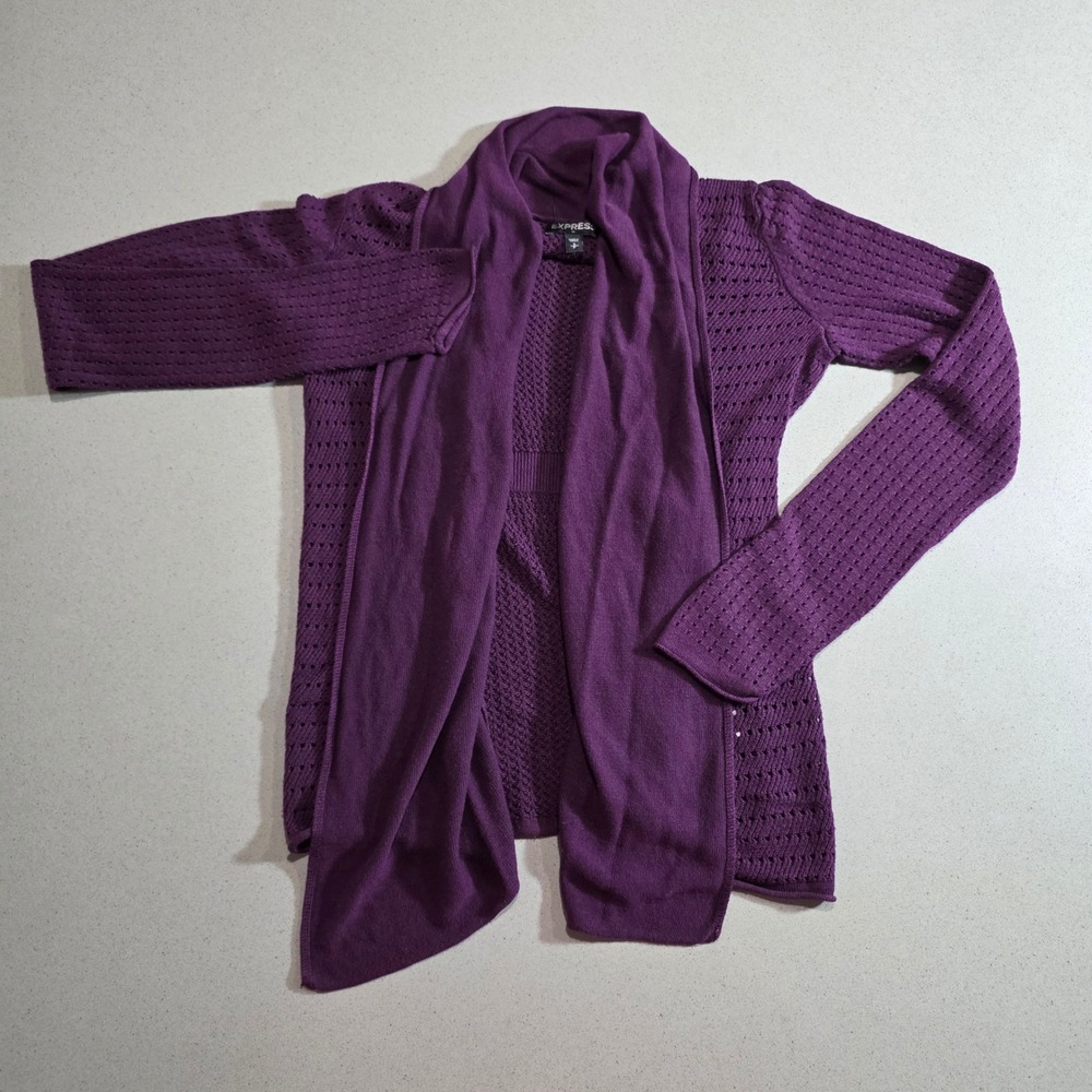 Express Womens Purple Open Front Draped Shawl Collar Pointelle Knit Cardigan S